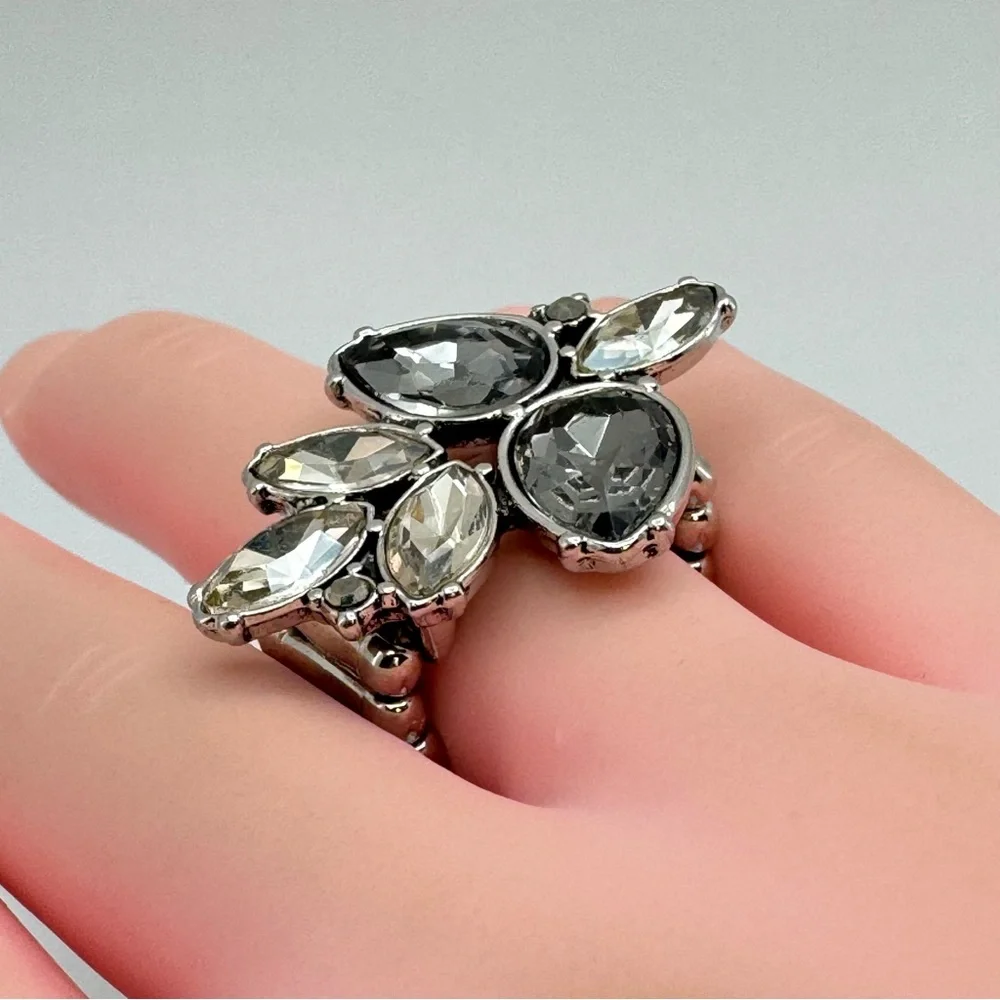 New Adjustable Stretch Ring Smoke Gray Faceted Glass Statement - Picture 7 of 7
